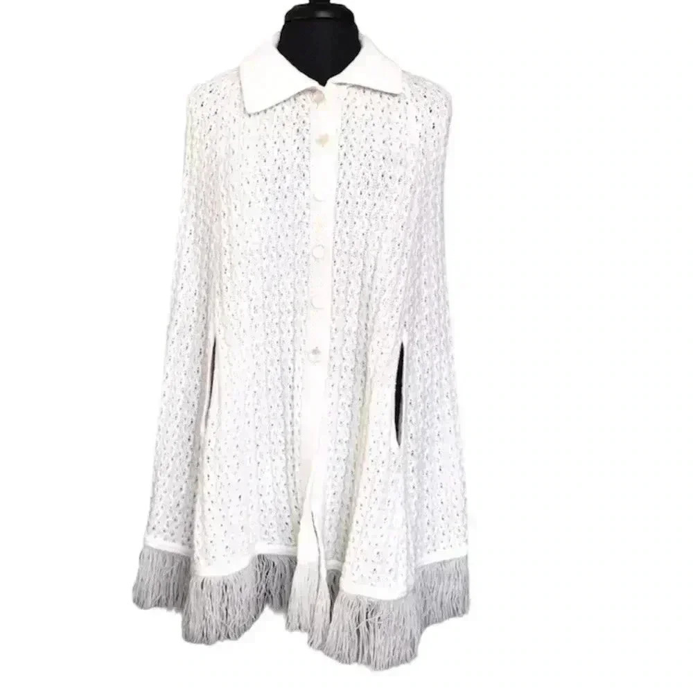 Vintage Poncho Sweater Cape With Fringe Size OS